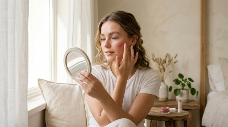 young woman applying cream blush by a window — that girl makeup look morning routine 2026