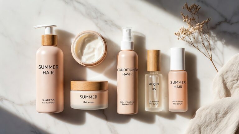 flatlay of summer hair care routine products — shampoo, hair mask, leave-in, argan oil and uv serum on marble 2026