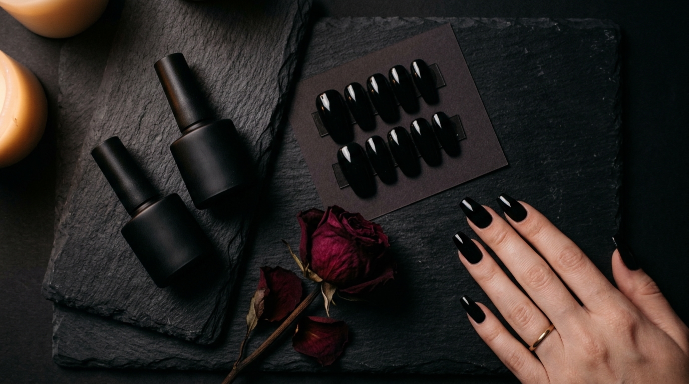 flatlay of jet black gel nail polish bottles and coffin press-on nails on dark marble — vamp romantic nails amazon 2026