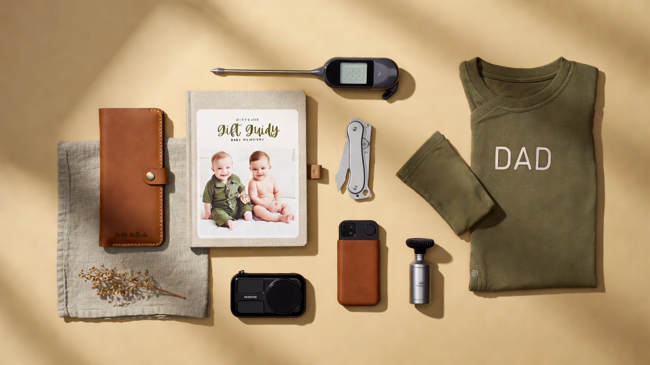 father's day gift guide flatlay — new dad, stepdad, grill dad, handy dad and last-minute amazon picks 2026