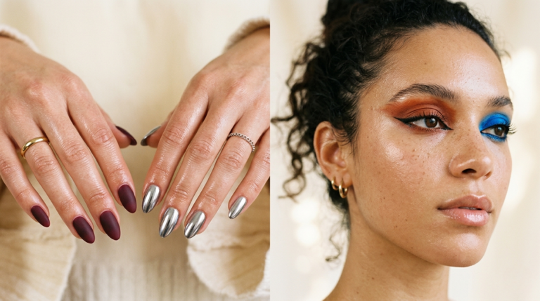 close-up split of two hands with mismatched nail colors and two-toned eyeshadow — glitchy glam makeup trend 2026