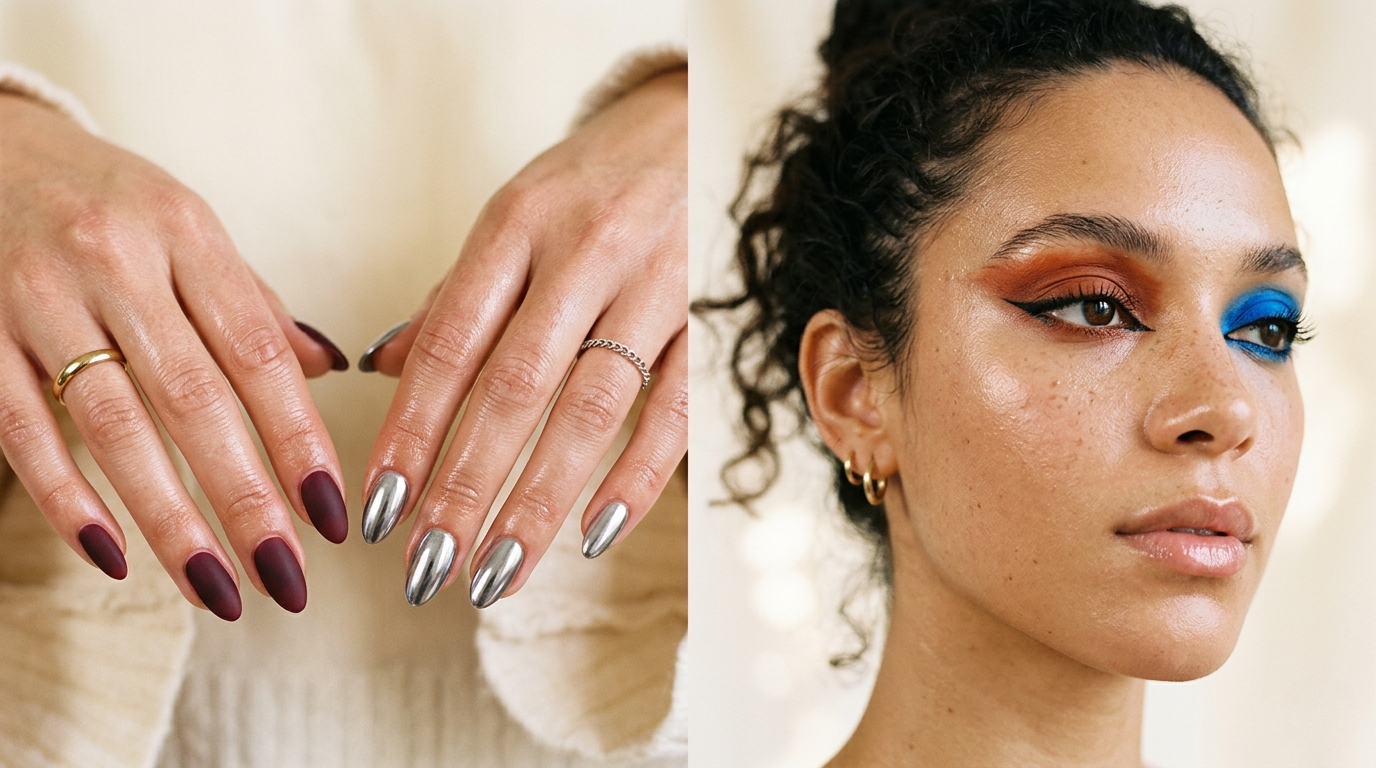 close-up split of two hands with mismatched nail colors and two-toned eyeshadow — glitchy glam makeup trend 2026