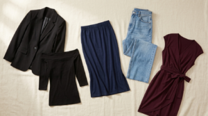 flat lay of hourglass figure outfit pieces — black off-shoulder top, blazer, navy skirt, wide-leg jeans and wrap dress from amazon 2026