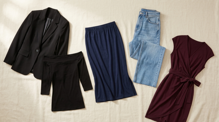 flat lay of hourglass figure outfit pieces — black off-shoulder top, blazer, navy skirt, wide-leg jeans and wrap dress from amazon 2026