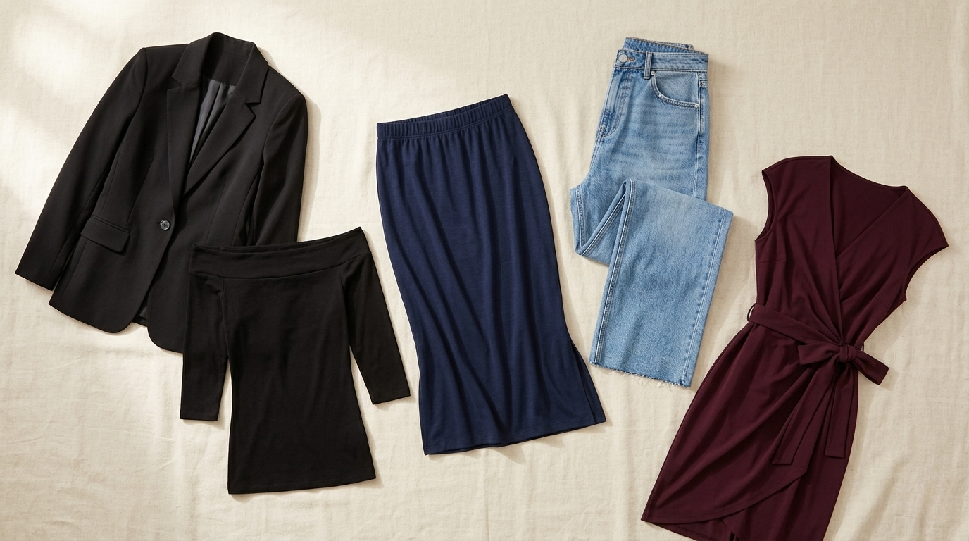 flat lay of hourglass figure outfit pieces — black off-shoulder top, blazer, navy skirt, wide-leg jeans and wrap dress from amazon 2026
