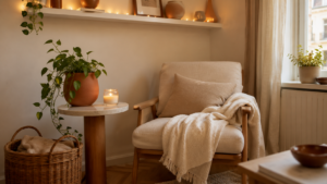 cozy small space decor flatlay with candle, rattan basket, linen throw and warm string lights — amazon home 2026