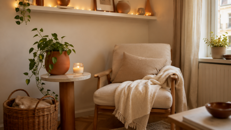 cozy small space decor flatlay with candle, rattan basket, linen throw and warm string lights — amazon home 2026