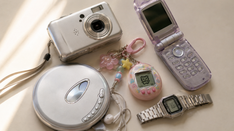 flatlay of retro y2k gadgets including digital camera, tamagotchi, flip phone and mini cd player — amazon finds 2026