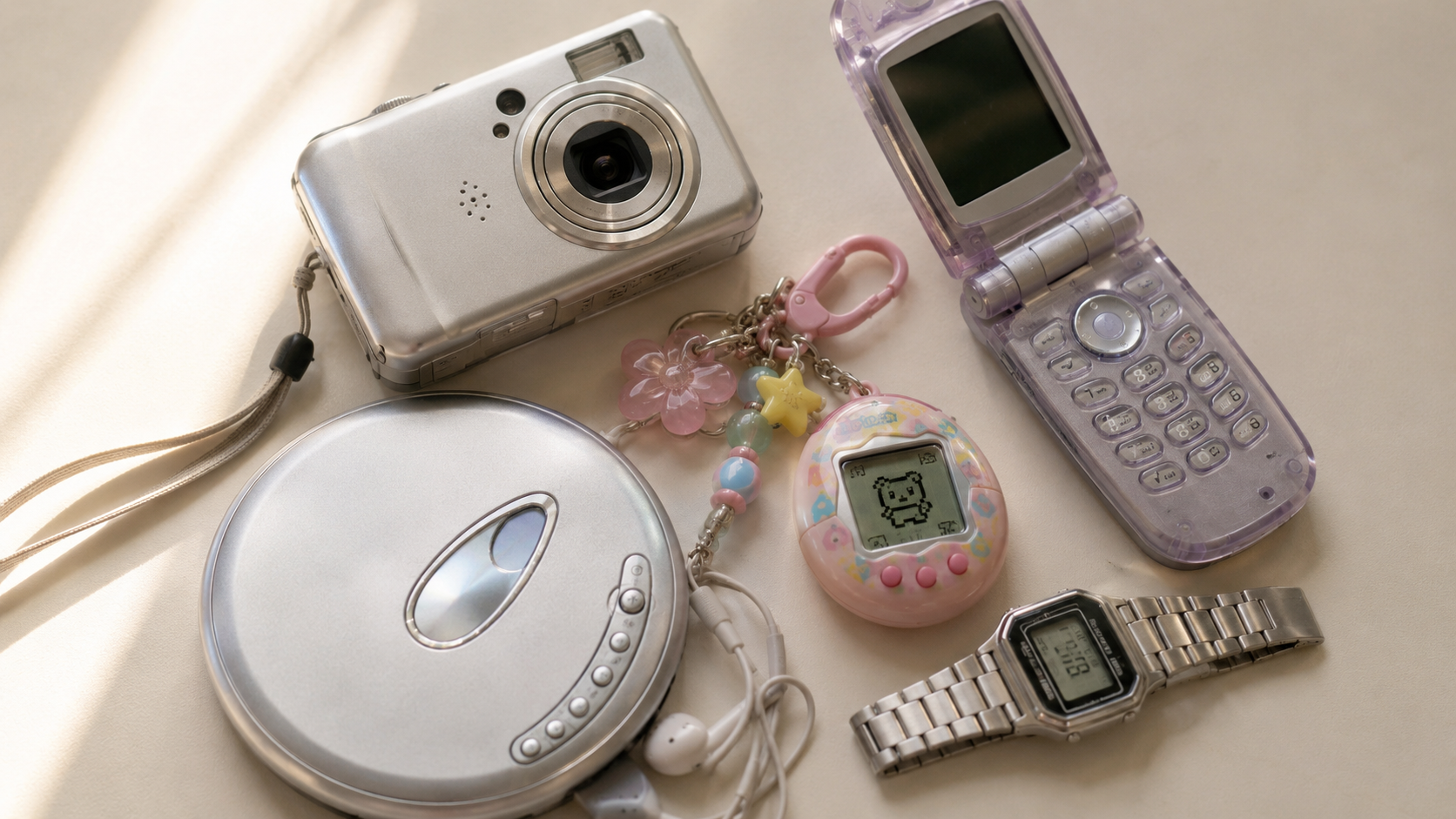 flatlay of retro y2k gadgets including digital camera, tamagotchi, flip phone and mini cd player — amazon finds 2026