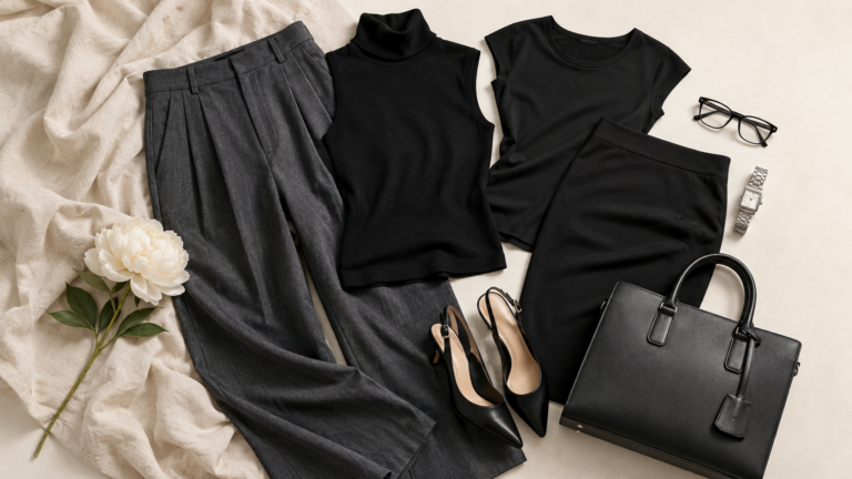 office siren capsule wardrobe flatlay — tailored trousers, slingback heels, leather tote and fitted tops 2026