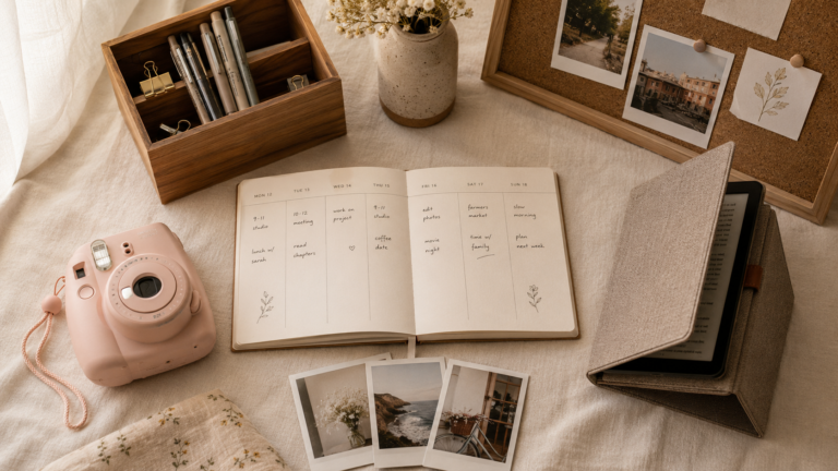 flatlay of digital detox essentials — fujifilm instax, paper planner, kindle and wooden desk organizer on cream background 2026