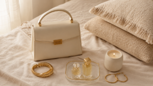 flatlay of amazon luxury dupes including structured bag, gold bangle, boucle pillow, and linen set — high end dupes amazon 2026
