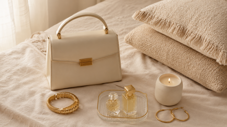 flatlay of amazon luxury dupes including structured bag, gold bangle, boucle pillow, and linen set — high end dupes amazon 2026