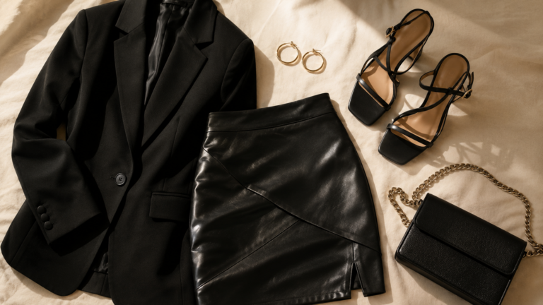 editorial night out outfit flatlay — black mini skirt blazer and heels for night out outfit ideas 2026