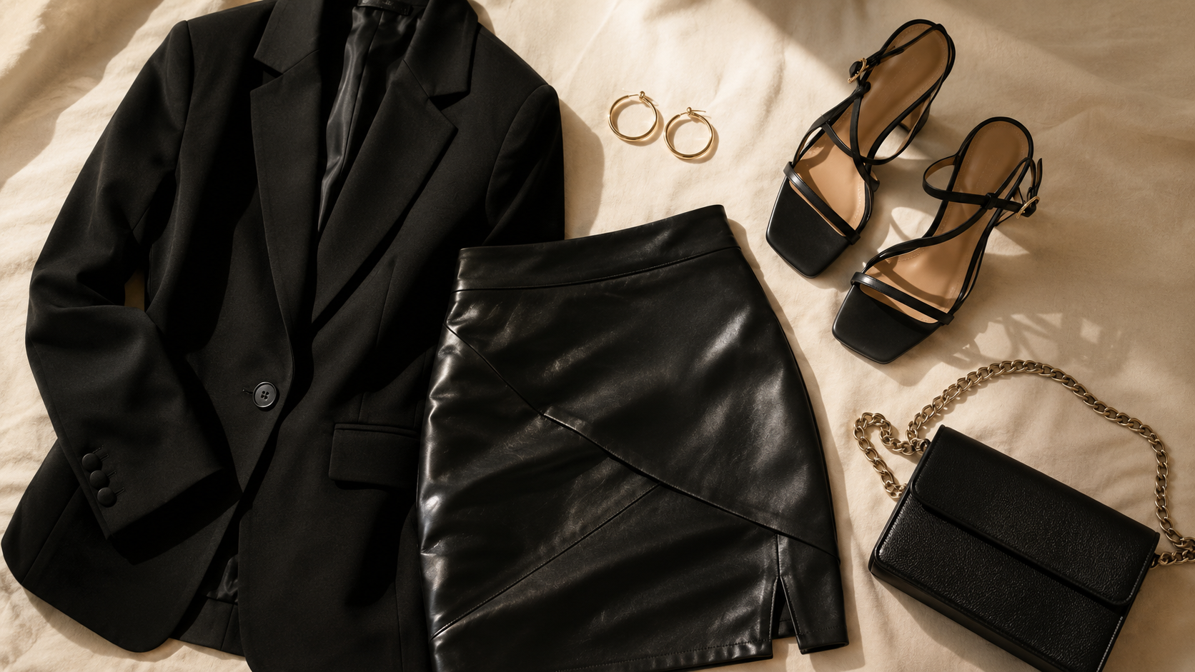 editorial night out outfit flatlay — black mini skirt blazer and heels for night out outfit ideas 2026