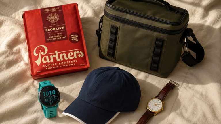 flatlay of fathers day gifts from amazon including coffee, watch, yeti cooler and garmin watch — gift guide 2026