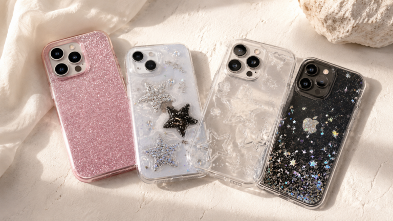 flatlay of four y2k glitter star phone cases on cream surface — sparkly amazon phone cases 2026