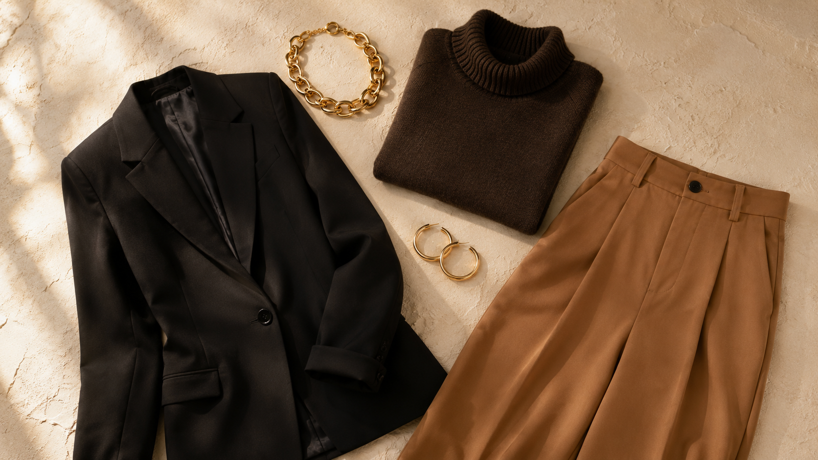 editorial flatlay of 80s maximalist fashion outfits — oversized shoulders, gold chains, funnel neck 2026