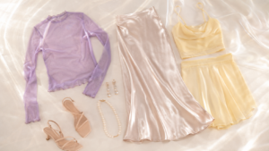 aura aesthetic outfits 2026 — sheer layers iridescent maxi skirt and crystal jewelry amazon fashion