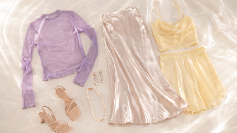 aura aesthetic outfits 2026 — sheer layers iridescent maxi skirt and crystal jewelry amazon fashion