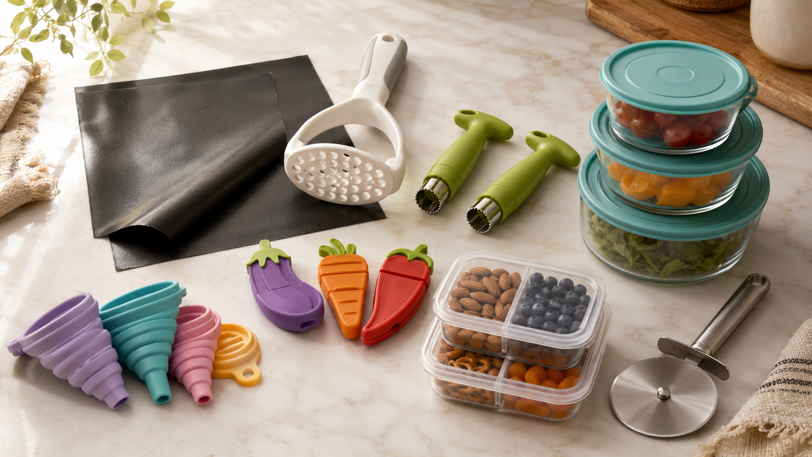 flatlay of amazon haul kitchen finds including oven liner, masher, funnels and storage containers — under $6 finds 2026
