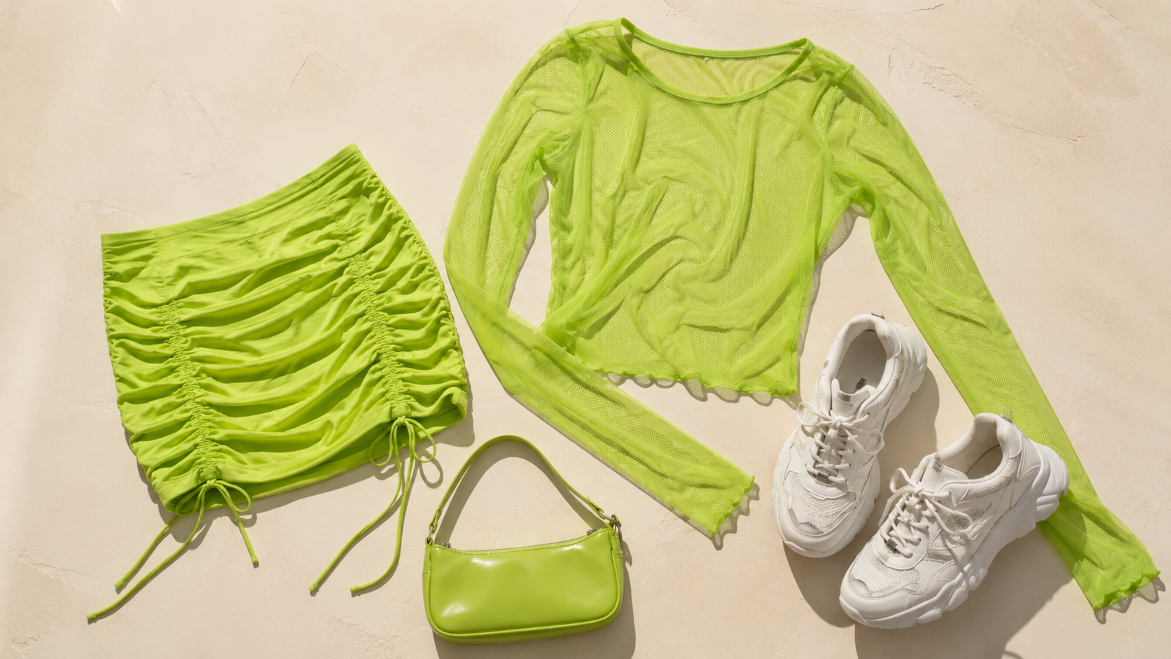 neon lime brat summer outfits 2026 — micro skirt sheer top and chunky sneakers amazon fashion
