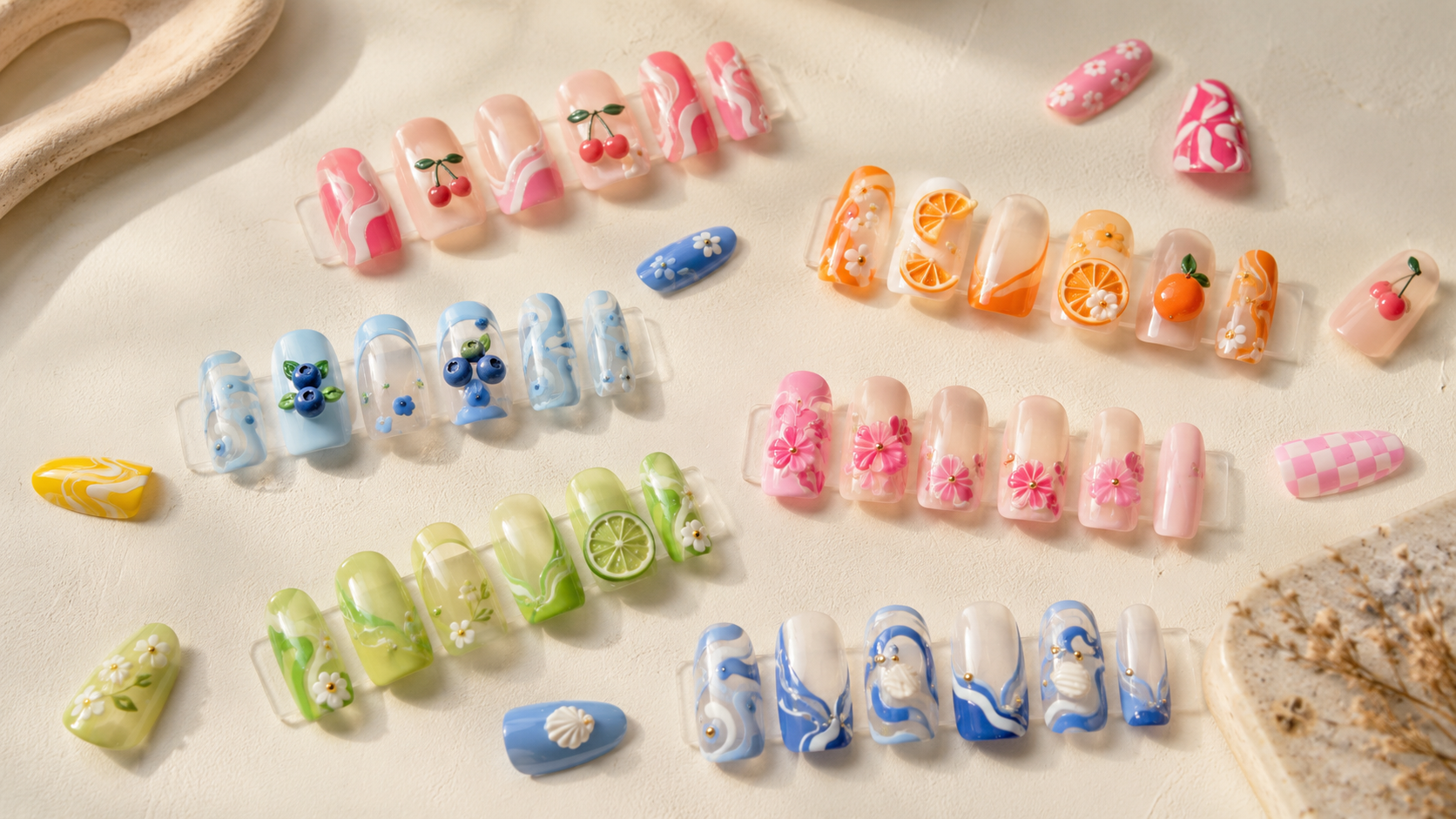 flatlay of summer press on nails 2026 sets including 3D fruits, french tips, and pastel nail art from ulta