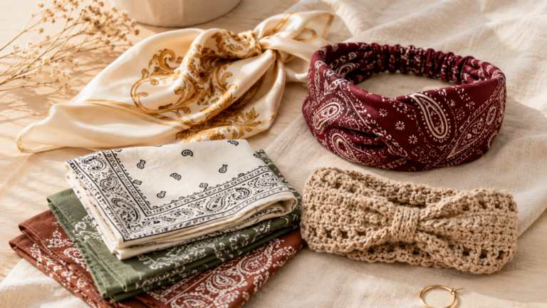 collage of bandana hairstyles from amazon including satin head wraps, wide paisley headbands, and crochet tie-back styles