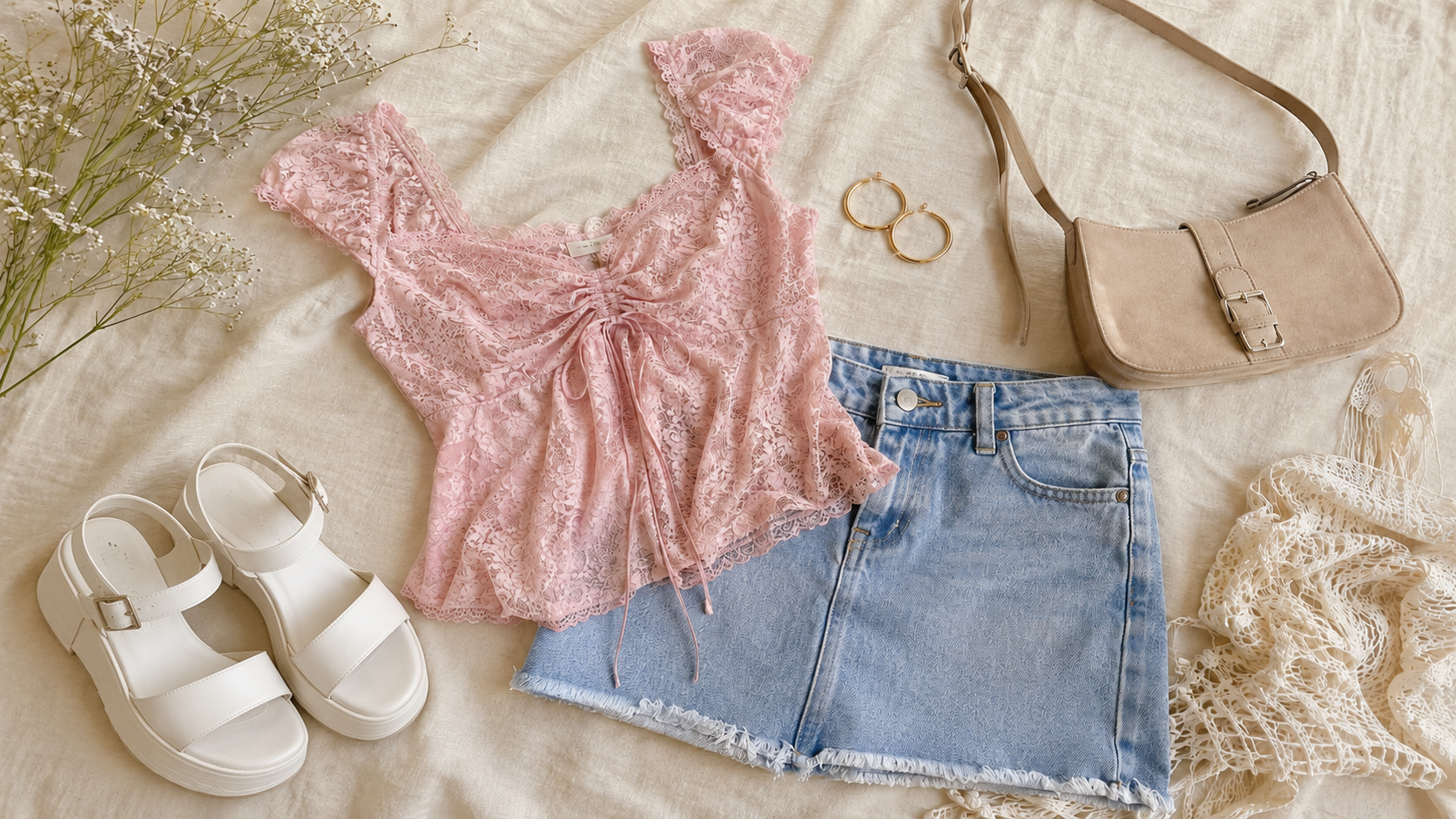 denim skirt outfit flatlay with babydoll top and platform sandals — how to style a denim skirt 2026