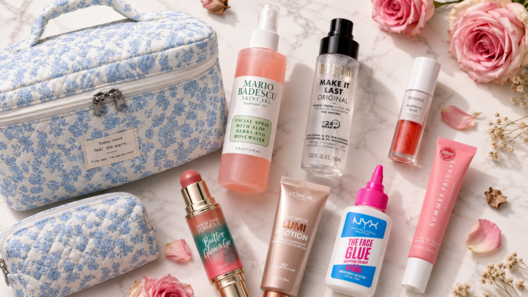 Flatlay of summer makeup products including lip oil, glow enhancer, and setting spray — summer makeup must haves from Amazon 2026