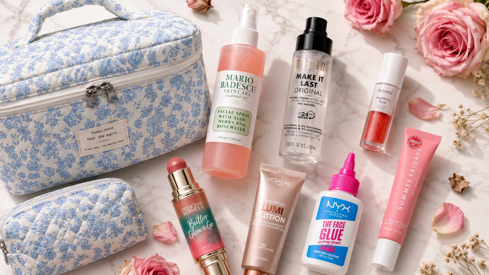 Flatlay of summer makeup products including lip oil, glow enhancer, and setting spray — summer makeup must haves from Amazon 2026