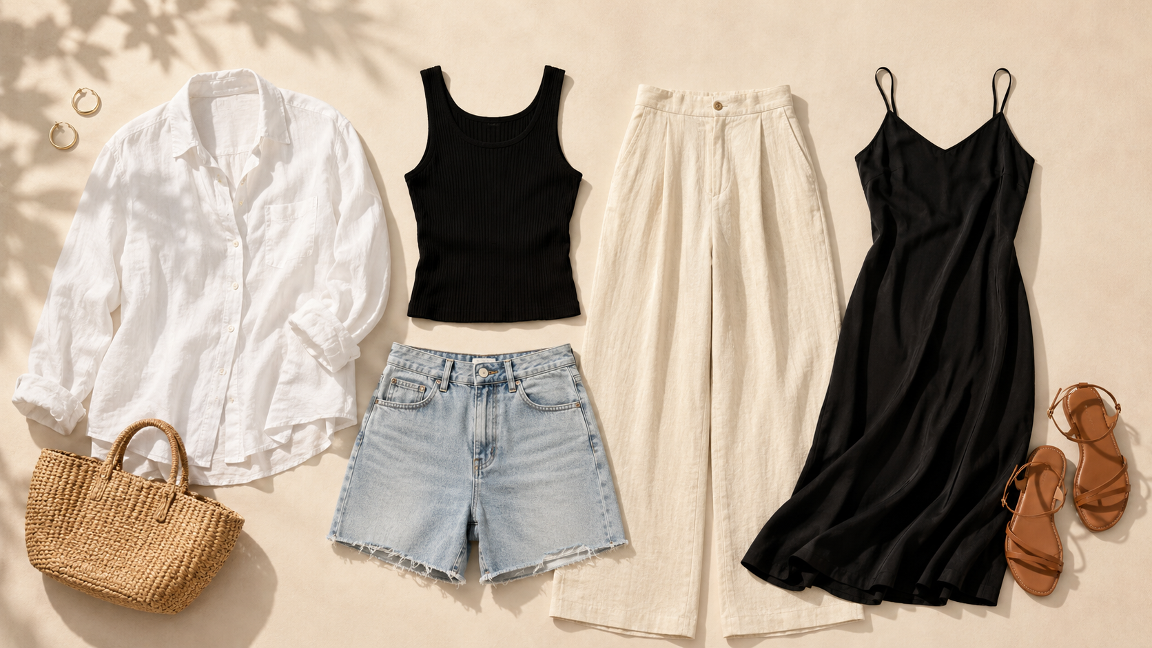 Minimalist summer capsule wardrobe flat lay with amazon basics including linen shirt, black tank, denim shorts, wide-leg pants, slip dress, and tan sandals for 2026.