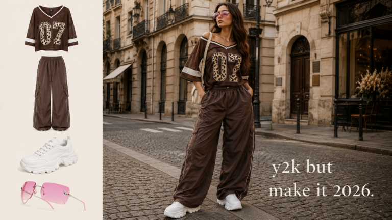 y2k outfit 2026 brown cargo pants football jersey chunky sneakers pink butterfly sunglasses amazon fashion