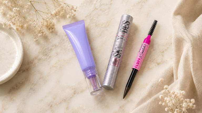 amazon eye makeup finds 2026 gopure eye gel maybelline sky tubes mascara nyx brow pen flatlay