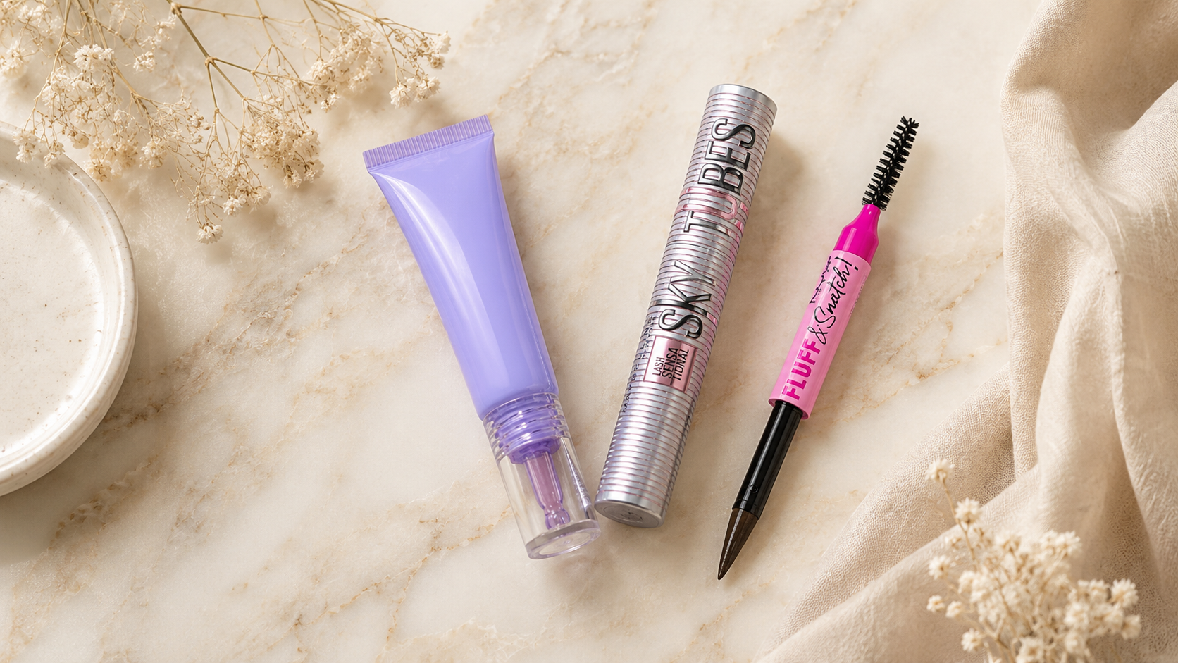 amazon eye makeup finds 2026 gopure eye gel maybelline sky tubes mascara nyx brow pen flatlay
