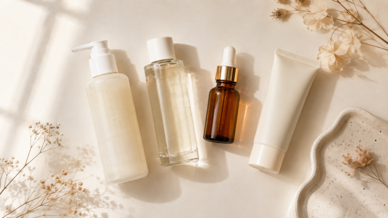 4-step morning skincare routine flatlay — cleanser toner vitamin c serum and spf moisturizer on cream background