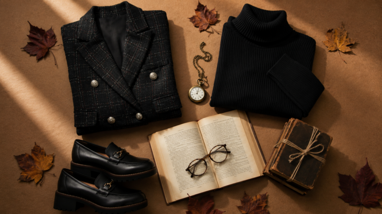dark academia outfit flatlay — plaid blazer, black turtleneck, loafers, books and pocket watch on brown background 2026