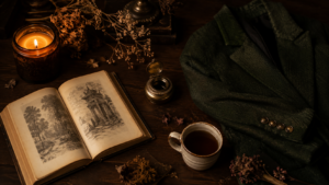 dark academia aesthetic mood flatlay with books candles wool blazer and deep brown tones 2026