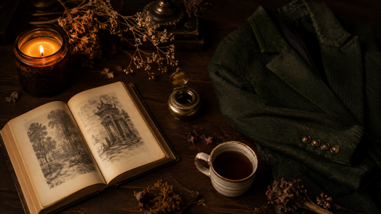dark academia aesthetic mood flatlay with books candles wool blazer and deep brown tones 2026