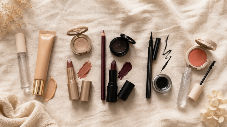 five makeup aesthetic looks flatlay — clean girl soft glam dark moody editorial vanilla girl 2026