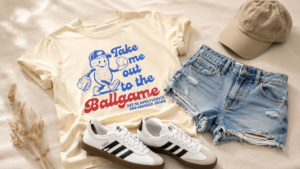baseball game outfit flatlay — graphic tee, levi's denim shorts, adidas white sneakers — baseball game outfit ideas women amazon 2026
