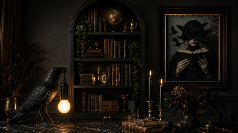 dark library decor amazon finds — crow lamp arched bookcase and gothic framed wall art 2026