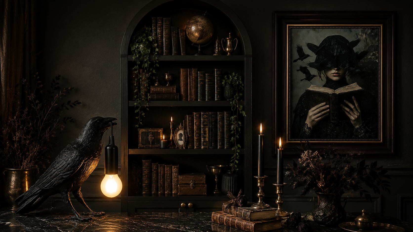 dark library decor amazon finds — crow lamp arched bookcase and gothic framed wall art 2026