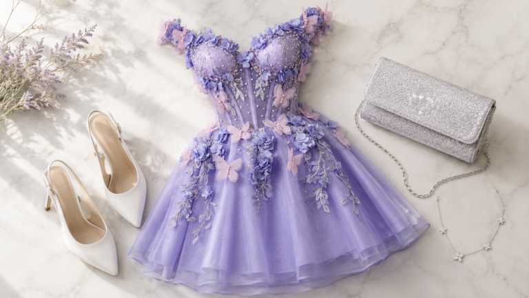 lavender butterfly homecoming dress with white heels silver clutch and crystal necklace — homecoming dress amazon 2026
