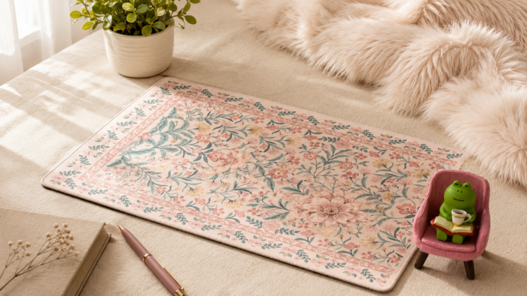 flatlay of cozy office desk accessories including floral desk mat, frog figurine, and faux fur chair from amazon 2026