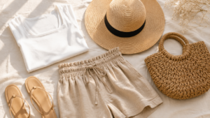 flatlay of capsule summer wardrobe pieces from amazon — white top, linen shorts, straw hat, rattan bag, nude sandals