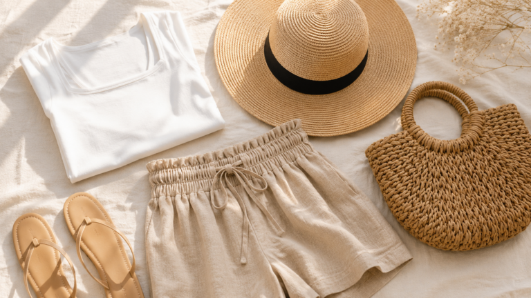 flatlay of capsule summer wardrobe pieces from amazon — white top, linen shorts, straw hat, rattan bag, nude sandals