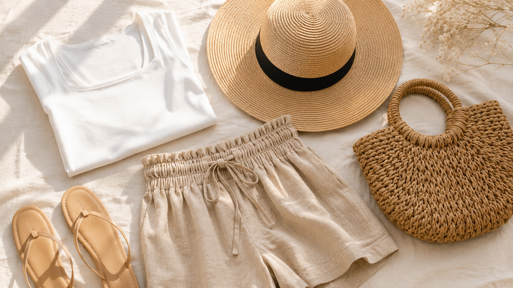 flatlay of capsule summer wardrobe pieces from amazon — white top, linen shorts, straw hat, rattan bag, nude sandals