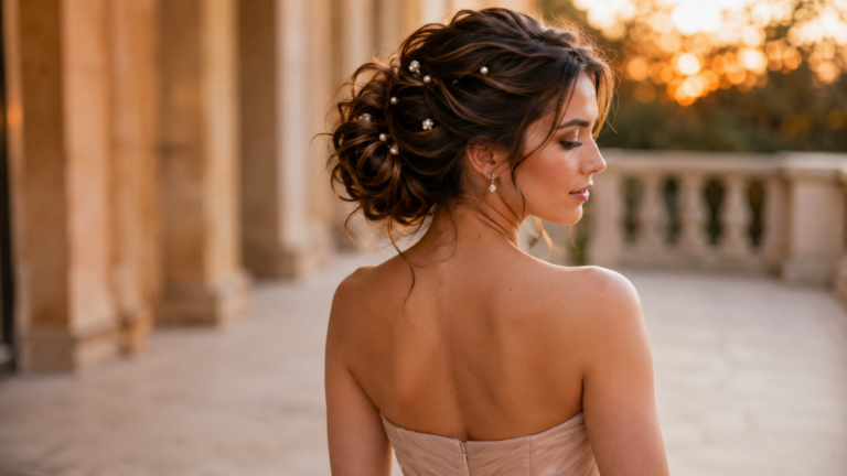 soft prom updo with face-framing tendrils and pearl pins — prom hairstyles 2026 hair inspo