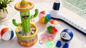 pool party flatlay with glow sticks, beach balls, inflatable volleyball net and cactus cooler — amazon pool party finds 2026